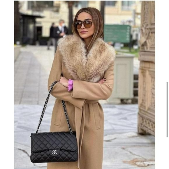 ZARA FUR COLLAR WOOL BLEND BELTED COAT TAN - Picture 5 of 11